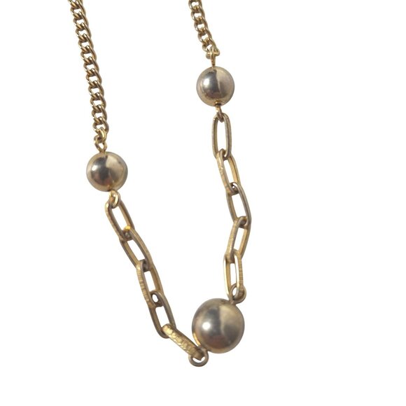 Elegant Gold-Tone Necklace Beads Textured Oval Links Asymmetrical Modern Design - Picture 2 of 4